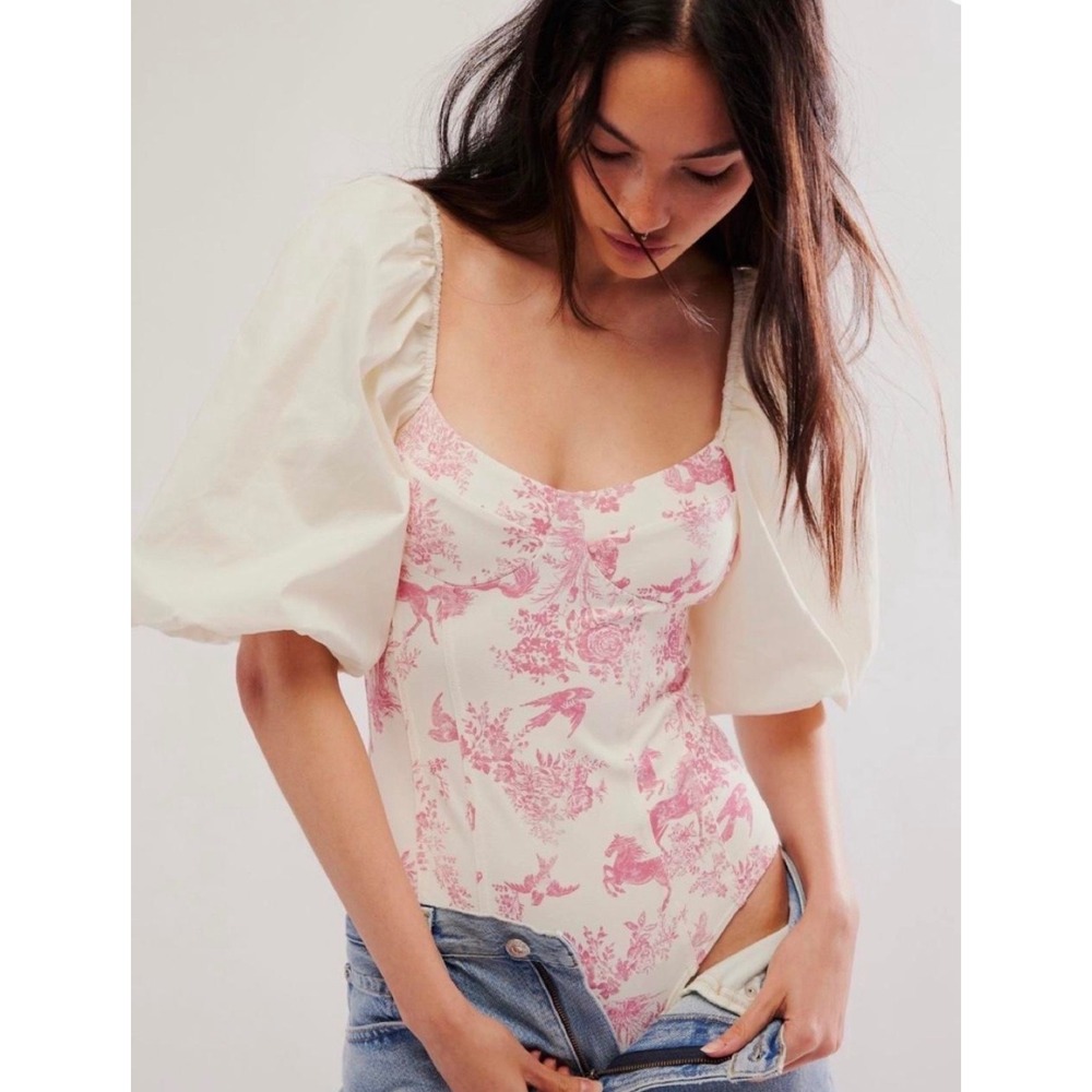 Free People Intimately Toile Corset Bodysuit Pink Horse Puff Sleeve XL